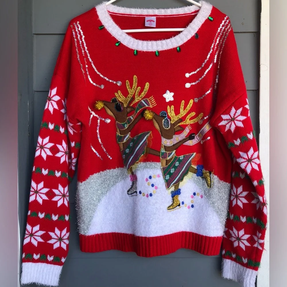 Holiday Time Ugly Sweater Ice Skating Red,Green, Reindeer Design Large 12-14 - Picture 11 of 12